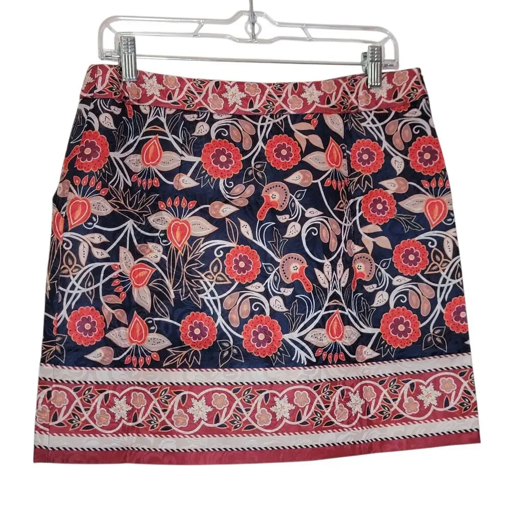 Tory Burch Floral Mini Skirt Blue Red Cotton Blend Pockets XL Resort